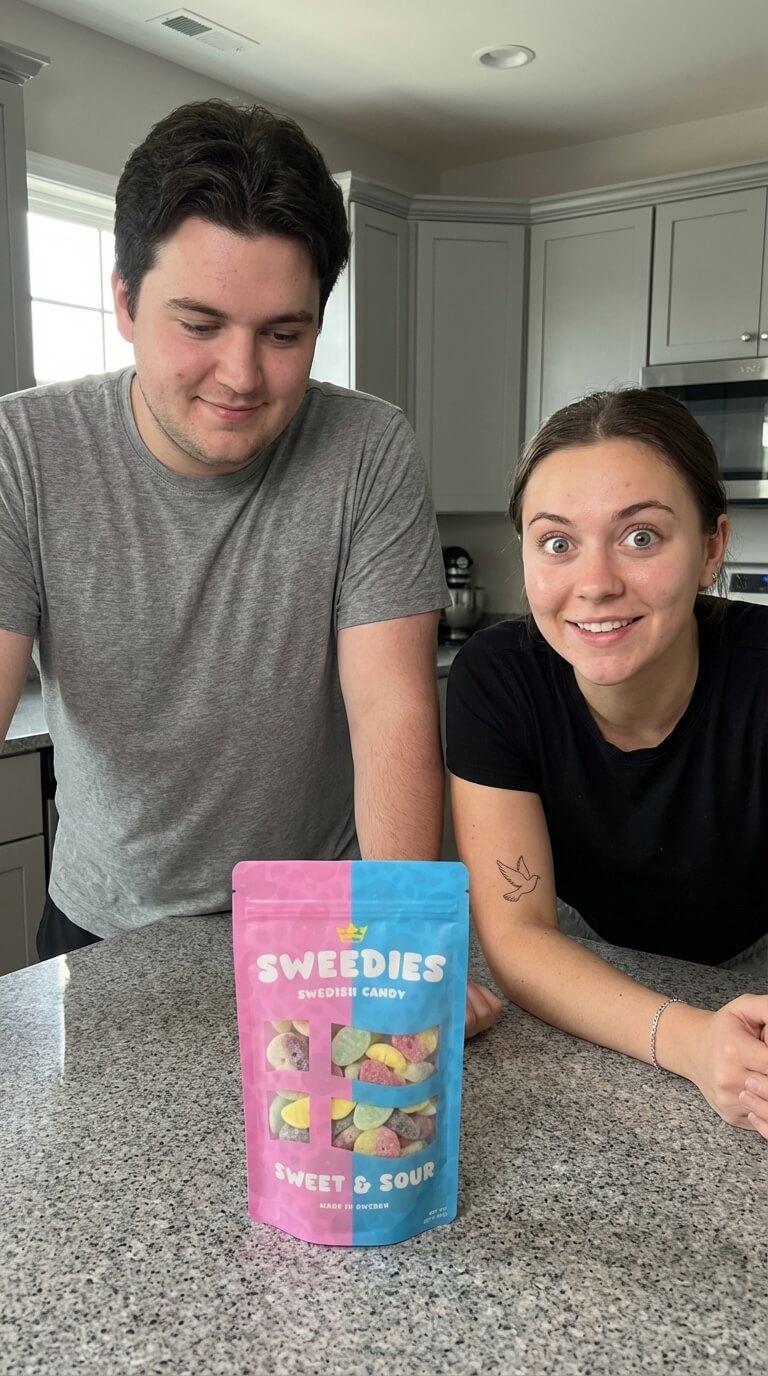 Customer unboxing a fresh 8oz bag of viral BUBS and Swedish gummies.